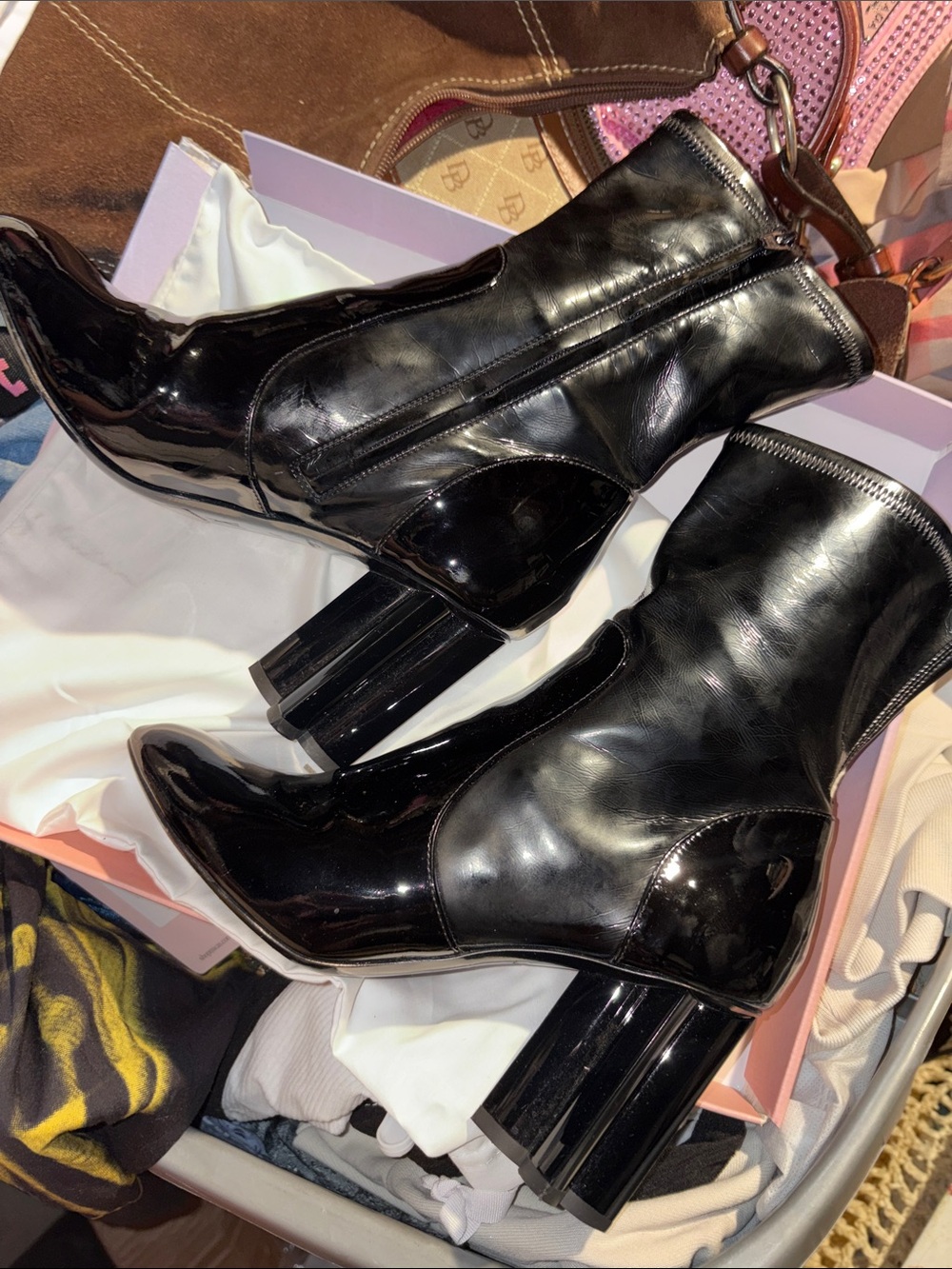 Black Patent Mid-Calf Block Heel Boots - Picture 2 of 13